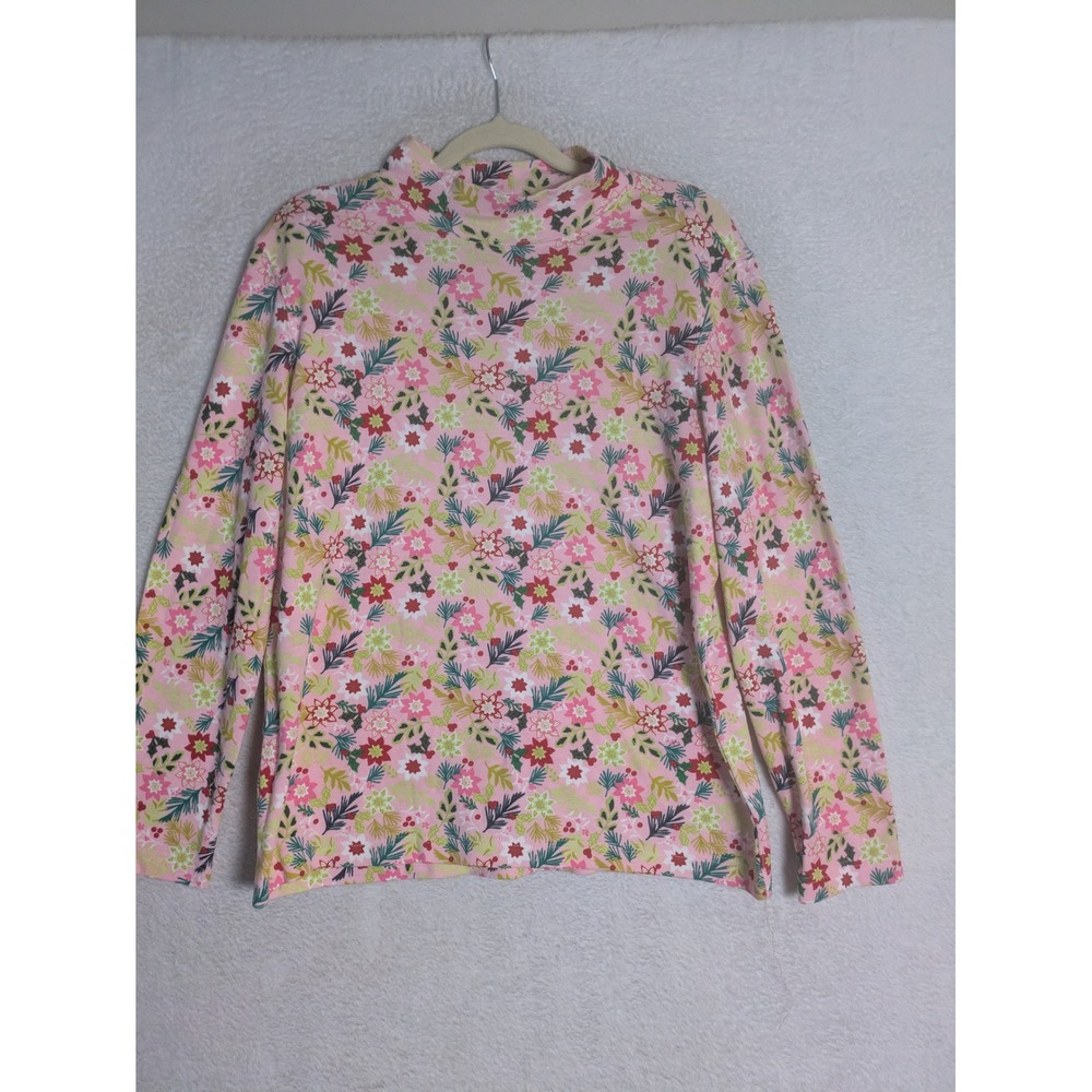 Blair Mock Neck Top Women's Size M Pink Floral Poinsettia Holiday Long Sleeve